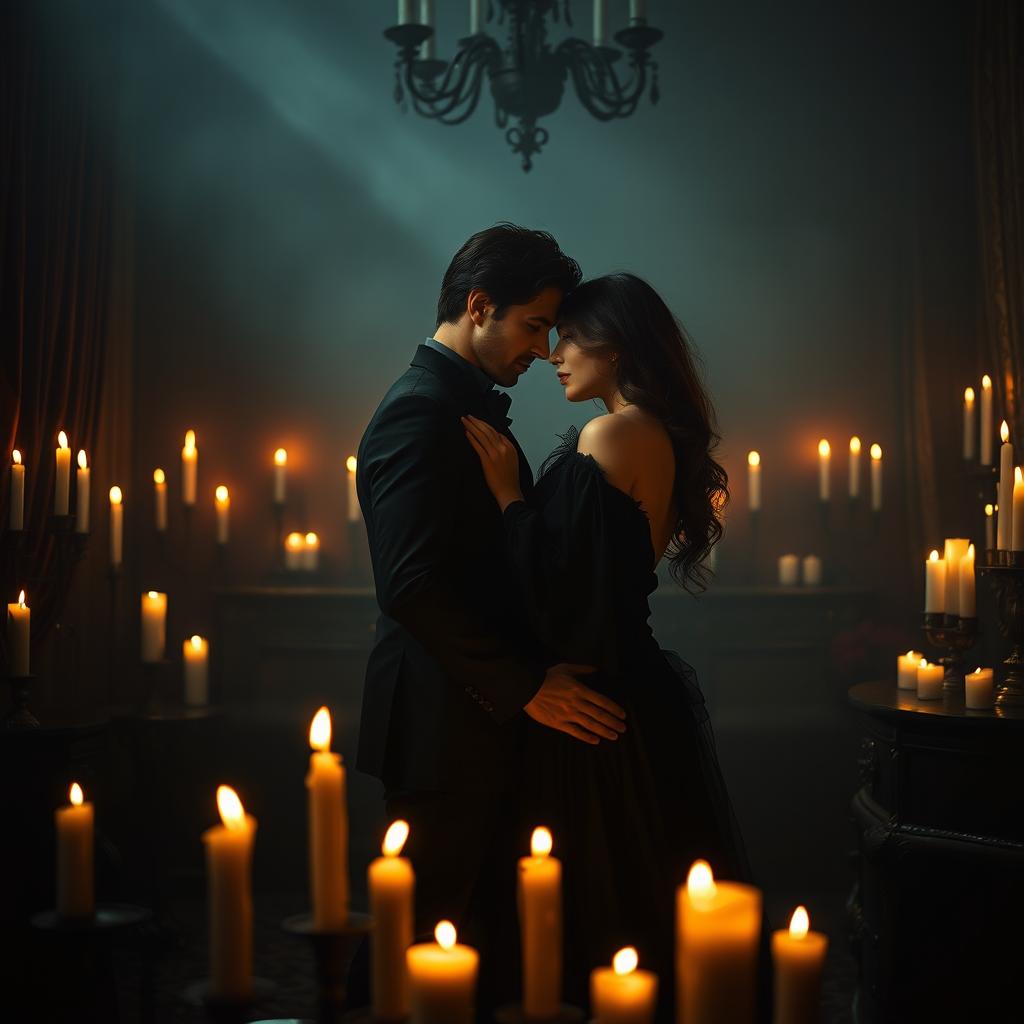 In a dimly lit room, the ambiance is set by the soft, flickering glow of numerous candles scattered around