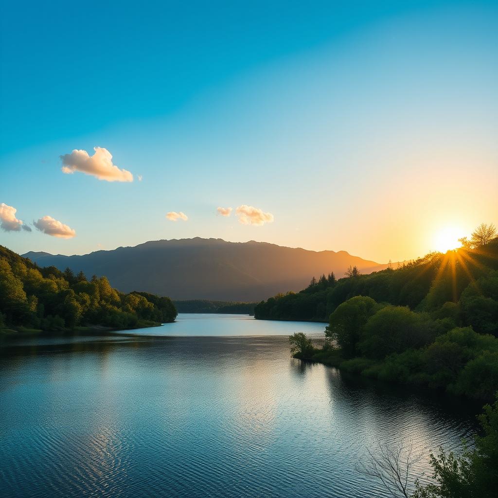 A serene landscape featuring a calm lake surrounded by lush green trees and mountains in the background