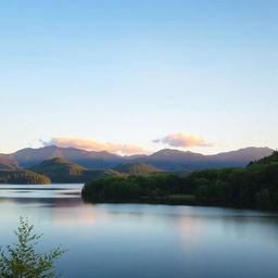 A serene landscape featuring a calm lake surrounded by lush green trees and mountains in the background