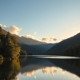 A serene landscape featuring a calm lake surrounded by lush green trees and mountains in the background