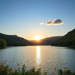 A serene landscape featuring a calm lake surrounded by lush green trees and mountains in the background