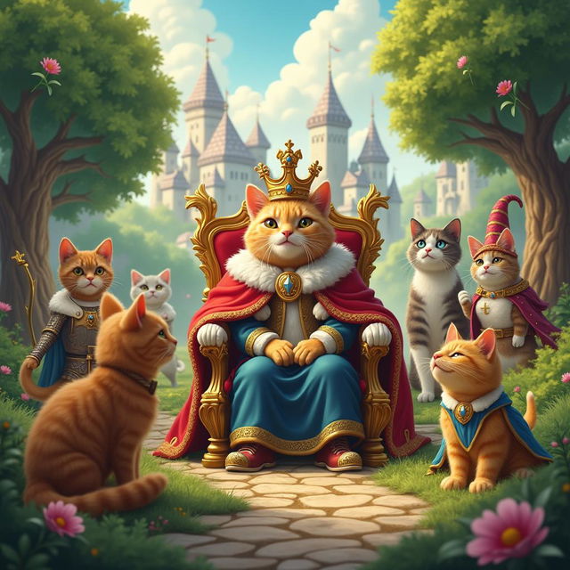 A whimsical and enchanting medieval-style kingdom of cats, featuring royal cats, knights, jesters, and commoner cats in a joyful and harmonious setting