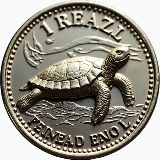 A 1 real coin from Brazil featuring a realistic turtle on one side, with intricate details and aquatic elements in the background