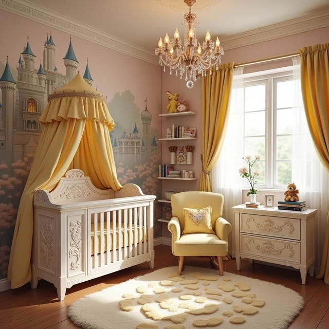 A charming baby room inspired by Beauty and the Beast, featuring pastel murals, a castle-themed crib, plush character toys, a rose-patterned rug, and elegant furnishings that create a magical and serene atmosphere