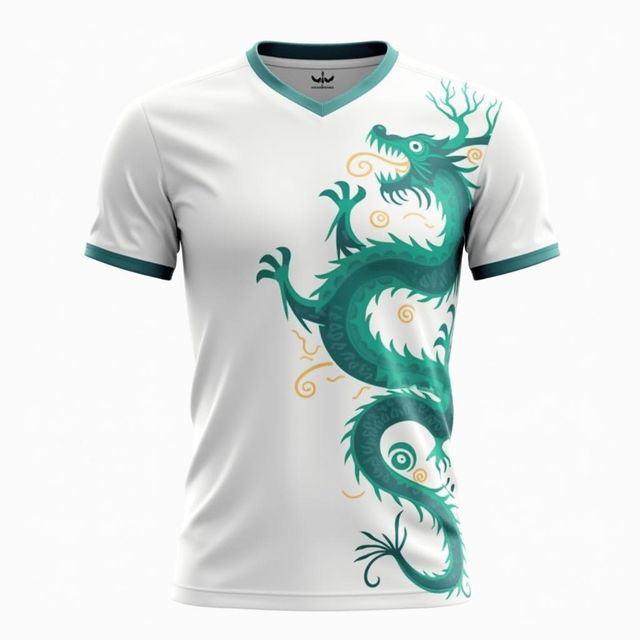 A white soccer jersey with a detailed dragon design in light blue, green, and yellow, featuring a modern fit, short sleeves, and a V-neck collar