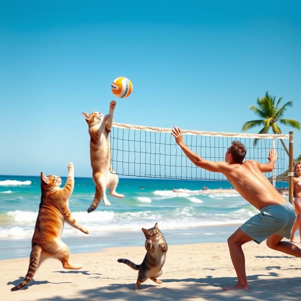 A dynamic scene of cats playing volleyball with humans on a sunny beach