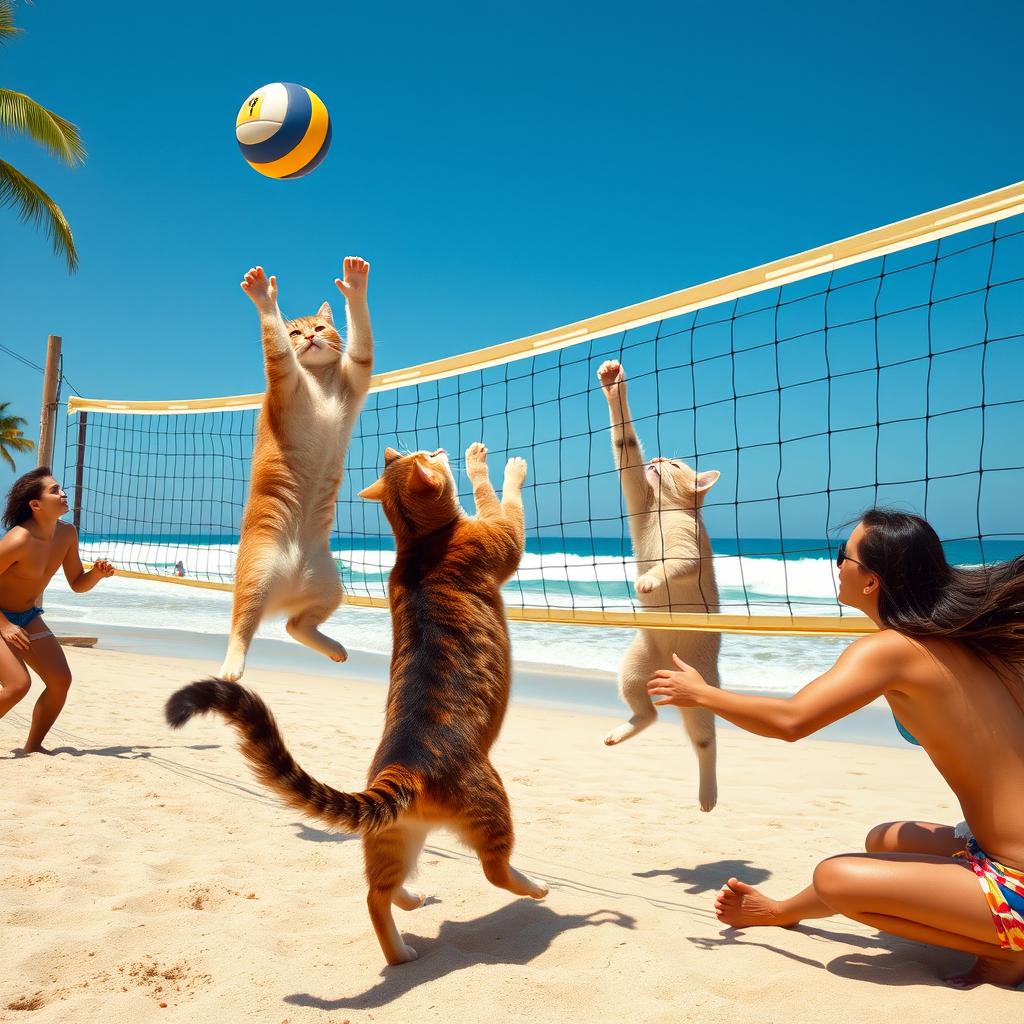 A dynamic scene of cats playing volleyball with humans on a sunny beach