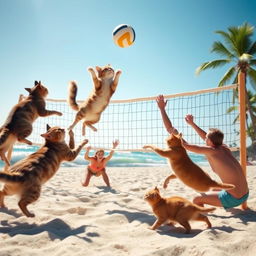 A dynamic scene of cats playing volleyball with humans on a sunny beach