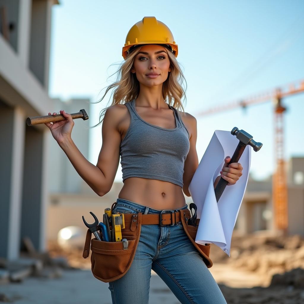 A confident and attractive female builder on a construction site, wearing a hard hat, tool belt, and work boots, holding a hammer and blueprint, with a determined expression