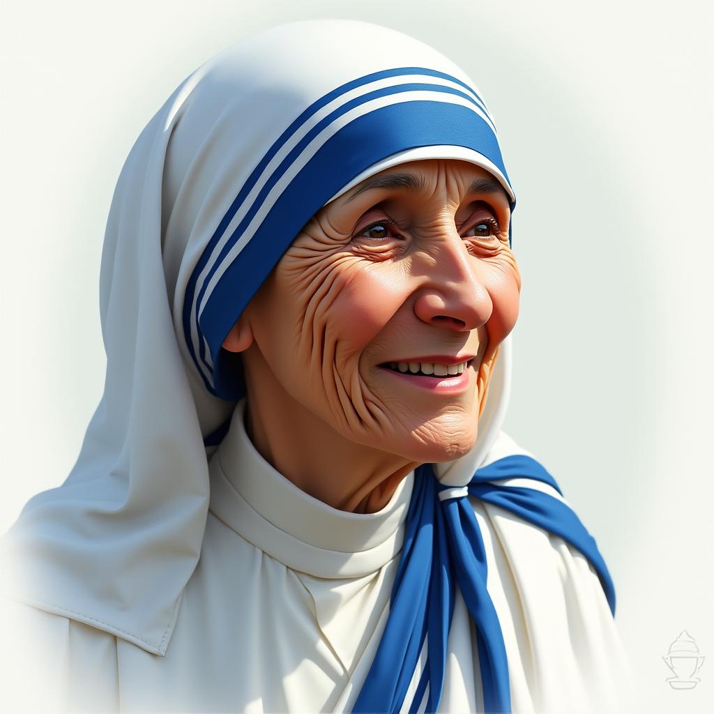 A detailed portrait of Mother Teresa, focusing on her serene expression, kind eyes, and traditional attire