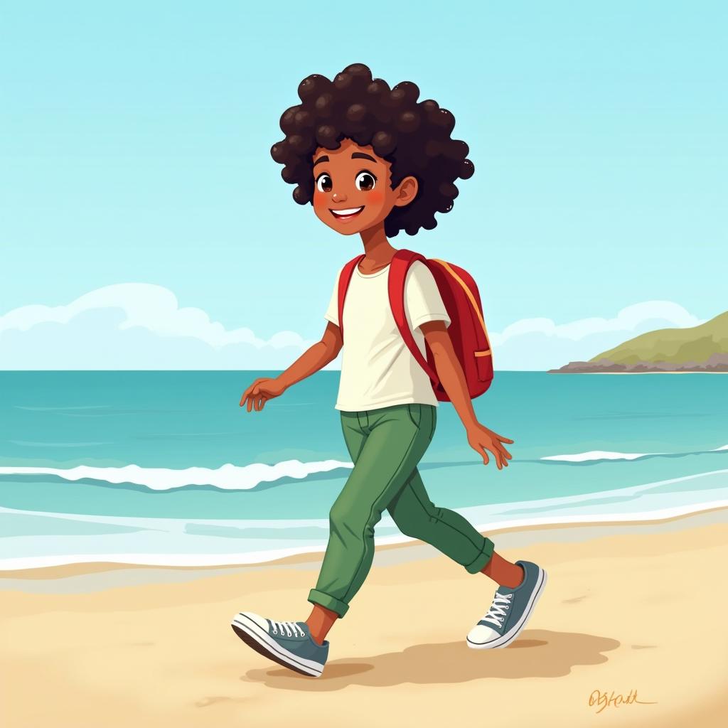 A girl with dark skin and short curly hair walking by the seaside, wearing green pants, a white t-shirt, and tennis shoes, carrying a backpack