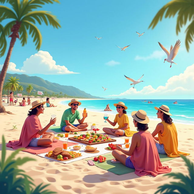 Um piquenique alegre na praia com pessoas felizes, comida deliciosa, crianças brincando e um cenário ensolarado e relaxante.
