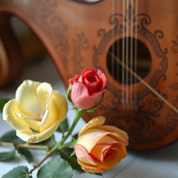 A beautiful scene featuring a delicate rose (gül) and a traditional Turkish stringed instrument called a ruba