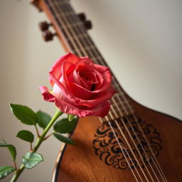 A beautiful scene featuring a delicate rose (gül) and a traditional Turkish stringed instrument called a ruba