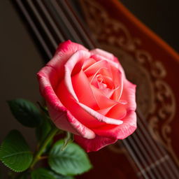 A beautiful scene featuring a delicate rose (gül) and a traditional Turkish stringed instrument called a ruba