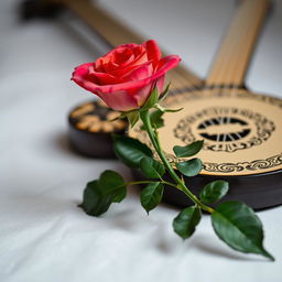 A beautiful scene featuring a delicate rose (gül) and a traditional Turkish stringed instrument called a ruba