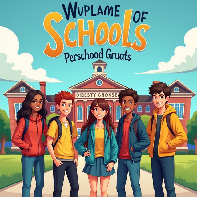 A vibrant book cover featuring five diverse teenagers standing confidently in front of a grand, welcoming school building, with a bright and cheerful atmosphere