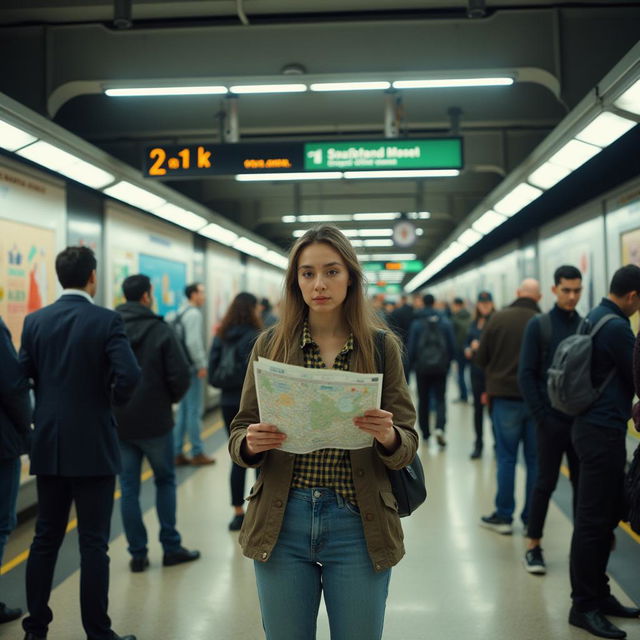 A young woman is lost in a bustling, modern metro station, surrounded by diverse crowds and dynamic urban elements