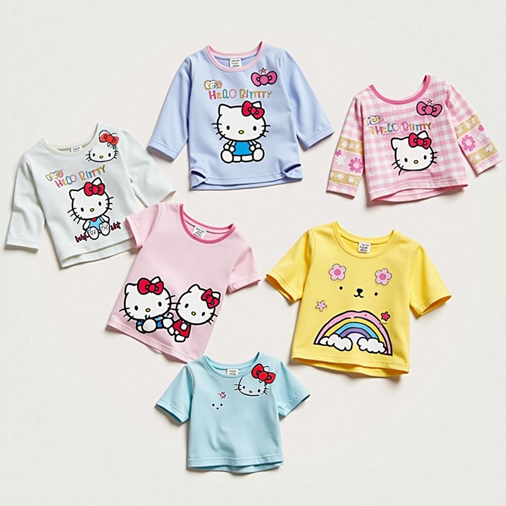 A collection of vibrant Hello Kitty themed shirts with various adorable designs, perfect for fans of all ages.