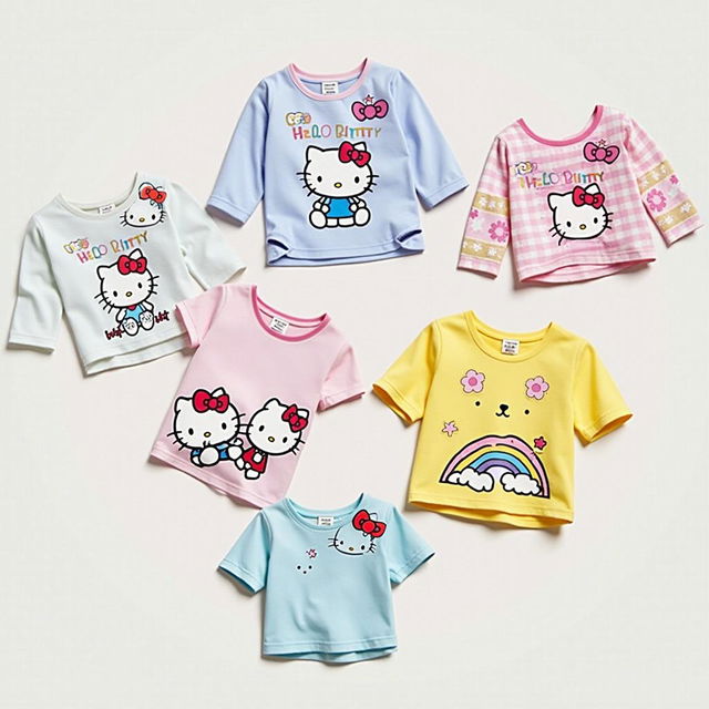 A collection of vibrant Hello Kitty themed shirts with various adorable designs, perfect for fans of all ages.