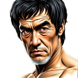 A detailed portrait of Bruce Lee as an old man, featuring his iconic intense gaze and muscular build