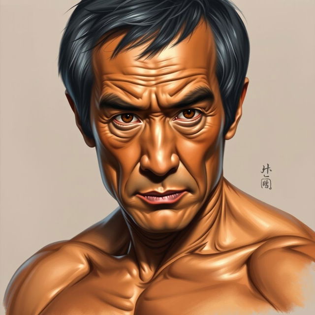 A detailed portrait of Bruce Lee as an old man, featuring his iconic intense gaze and muscular build