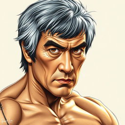 A detailed portrait of Bruce Lee as an old man, featuring his iconic intense gaze and muscular build