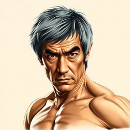 A detailed portrait of Bruce Lee as an old man, featuring his iconic intense gaze and muscular build