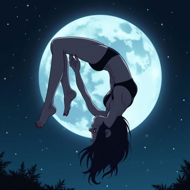 Anime-style image of a vampire woman floating upside down near a glowing full moon in the night sky, wearing a dark bikini