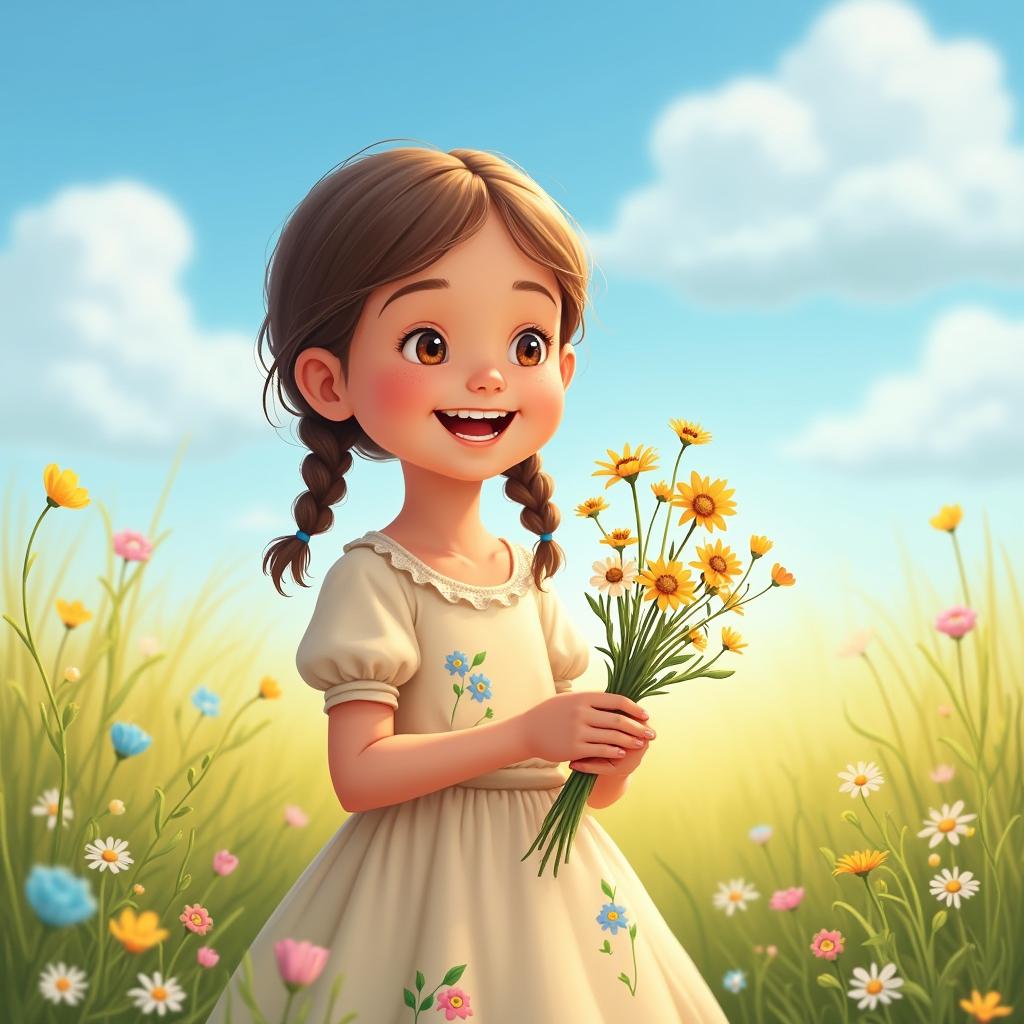 A joyful 10-year-old girl in a summer dress holding wildflowers in a sunlit meadow with a clear blue sky and colorful flowers