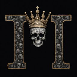 A bold, regal letter 'M' topped with a crown, set against a dark black background patterned with intricate skulls.