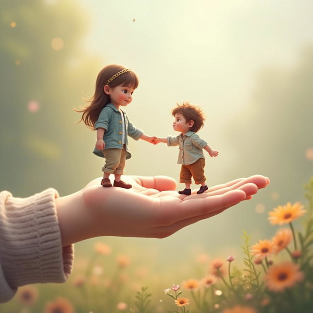 Digital art of a little girl's hand holding a miniature human in a whimsical and magical scene with a dreamy, pastel-colored background