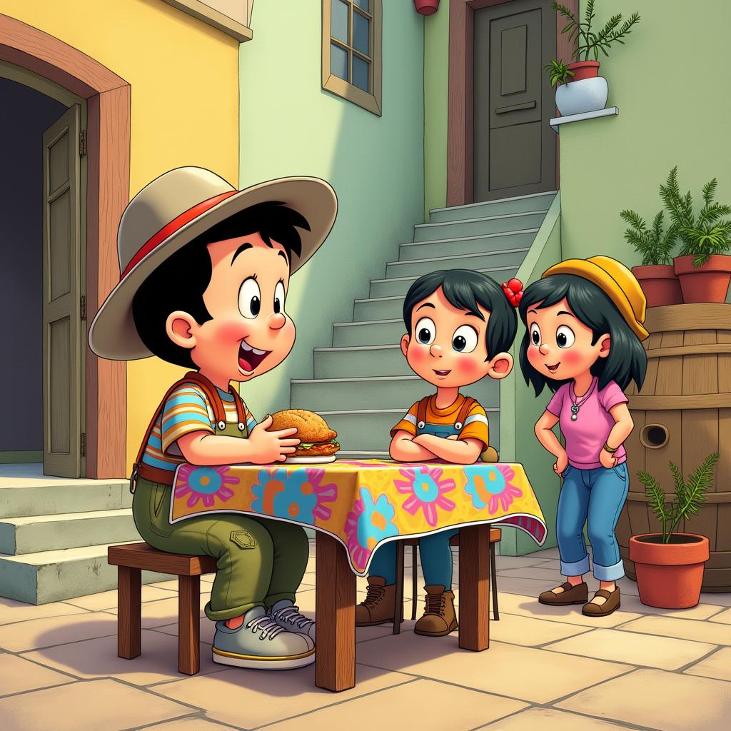 A lively scene from 'El Chavo del Ocho' featuring El Chavo and other characters around a table in the iconic courtyard.