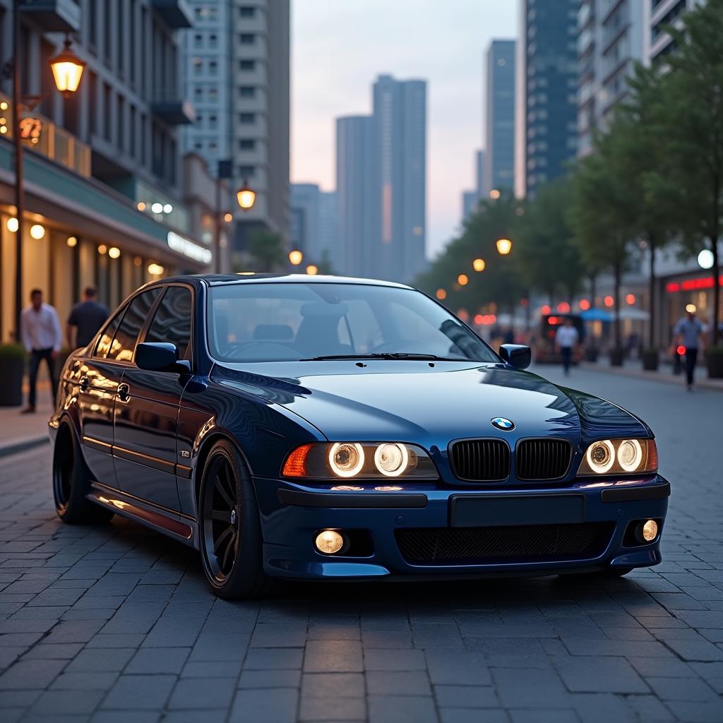 A modern version of the BMW E39 with sleek, aerodynamic design, LED headlights, aggressive grille, and larger alloy wheels in an urban setting at dusk