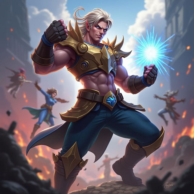 A heroic Mobile Legends character in a powerful and dynamic pose on a fantastical battlefield, with muscular build and dramatic lighting, embodying a fearless warrior