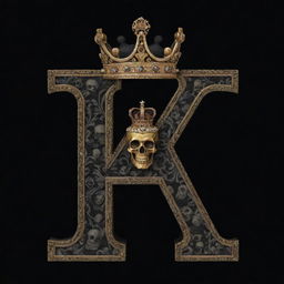 A bold, regal letter 'M' topped with a crown, set against a dark black background patterned with intricate skulls.