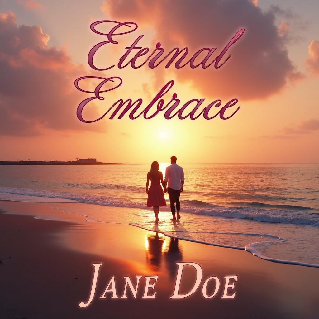 A book cover for a romance novel titled 'Eternal Embrace,' featuring a couple walking on a beach at sunset with warm, inviting colors