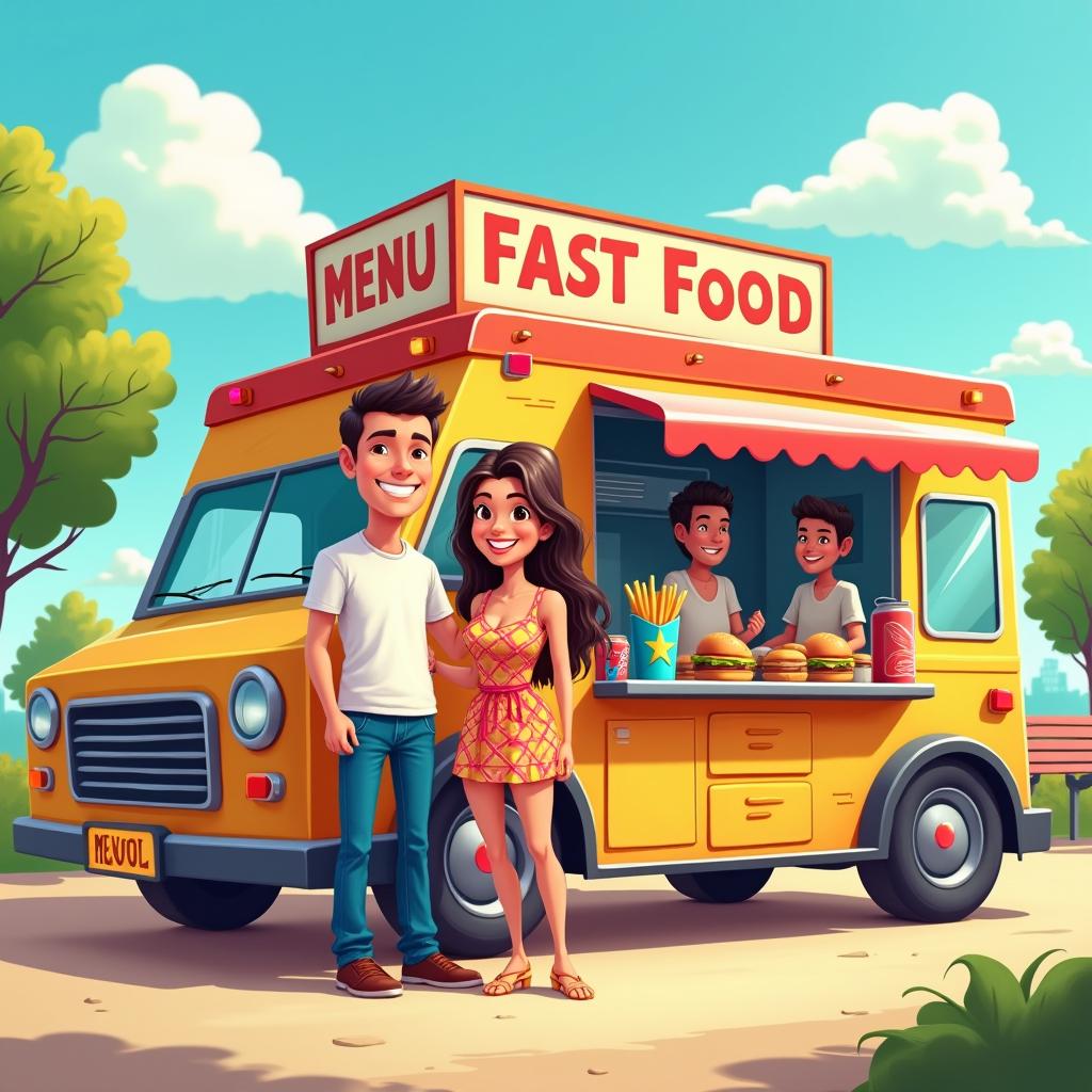 A cartoon image of a man and a woman standing next to a colorful fast food truck, with a cheerful vendor preparing food and a sunny background