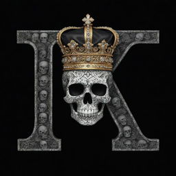 A bold, regal letter 'M' topped with a crown, set against a dark black background patterned with intricate skulls.