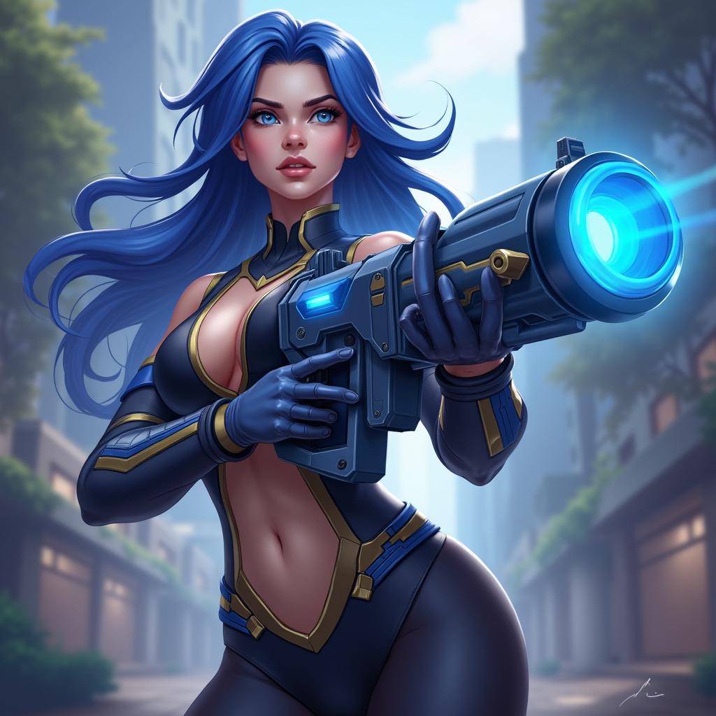 Uma imagem realista de Layla do Mobile Legends com corpo atlético, cabelos loiros ondulados, olhos azuis, traje futurista azul e preto com detalhes dourados, segurando uma arma de canhão tecnológica