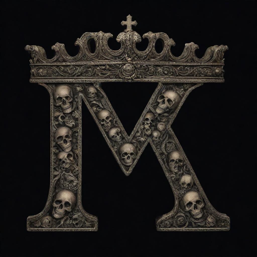 A bold, regal letter 'M' topped with a crown, set against a dark black background patterned with intricate skulls.