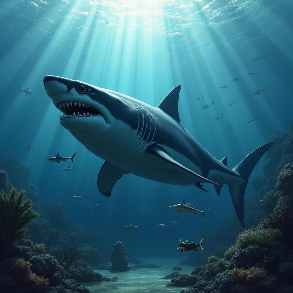 A highly detailed and realistic image of a Megalodon swimming in the deep ocean, surrounded by marine life and underwater scenery