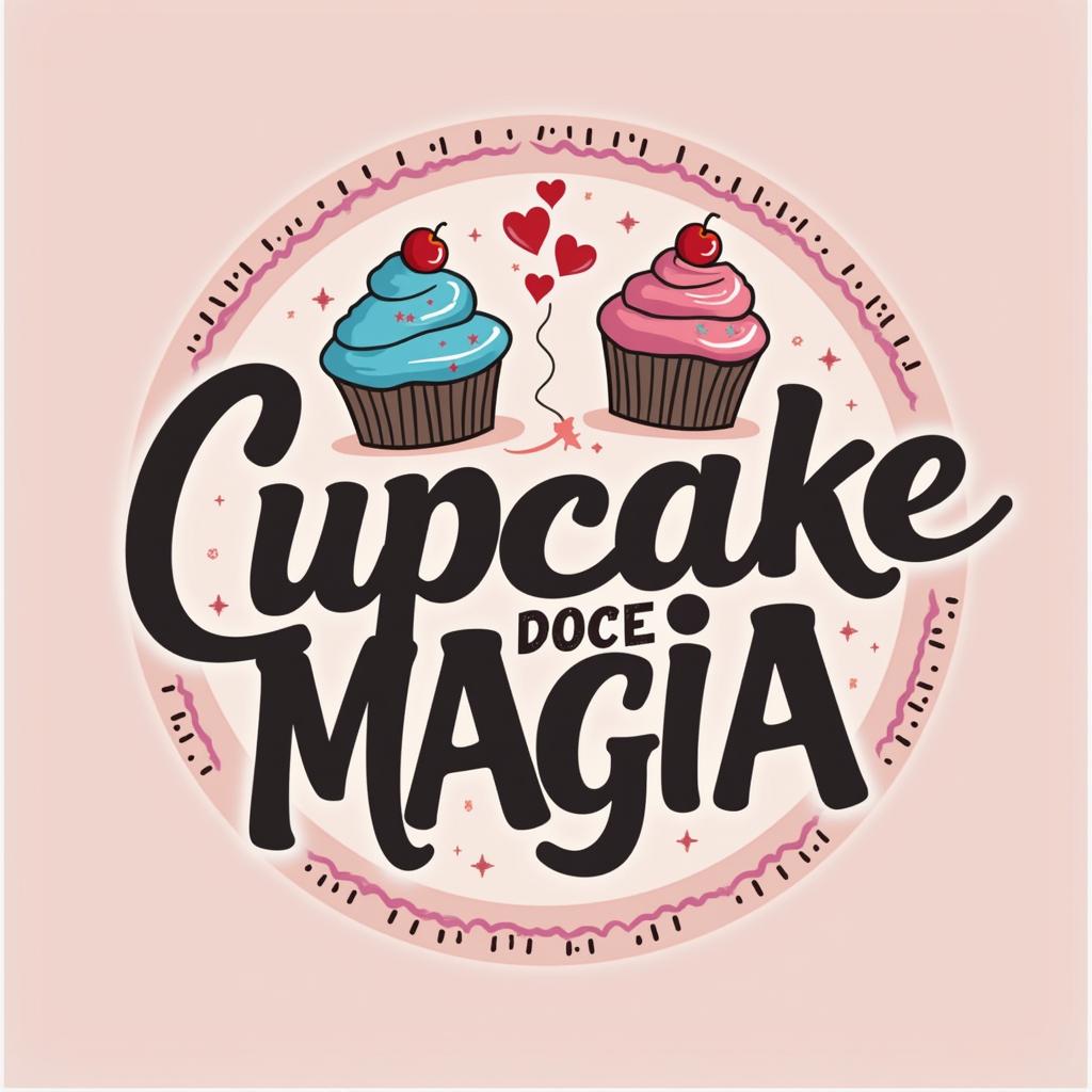 Logotipo para uma loja de cupcakes chamada 'Cupcake Doce Magia', com cores principais rosa, azul, branco e preto