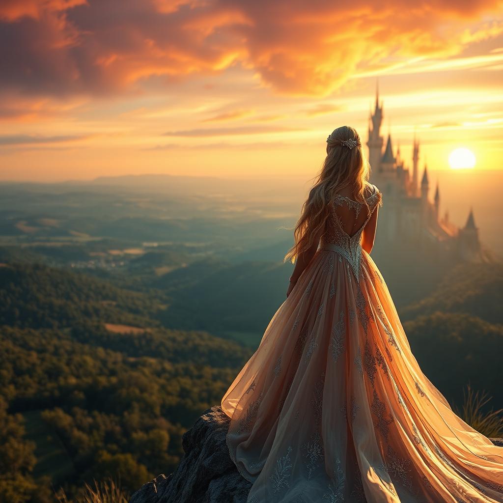 An epic cinematic shot of a magnificent princess standing on a cliff overlooking a vast, enchanted kingdom