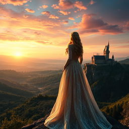 An epic cinematic shot of a magnificent princess standing on a cliff overlooking a vast, enchanted kingdom