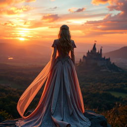 An epic cinematic shot of a magnificent princess standing on a cliff overlooking a vast, enchanted kingdom