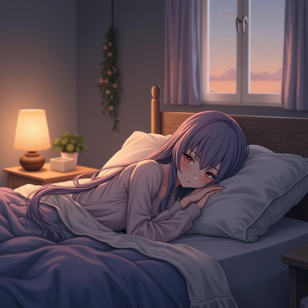 An anime-style woman lying on a bed in a cozy, softly lit room with warm ambient light, creating a peaceful and relaxing atmosphere