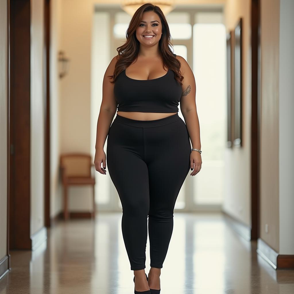 A tall, curvy woman with large breasts and a prominent buttocks, smiling warmly in a modern hallway with neutral-colored walls