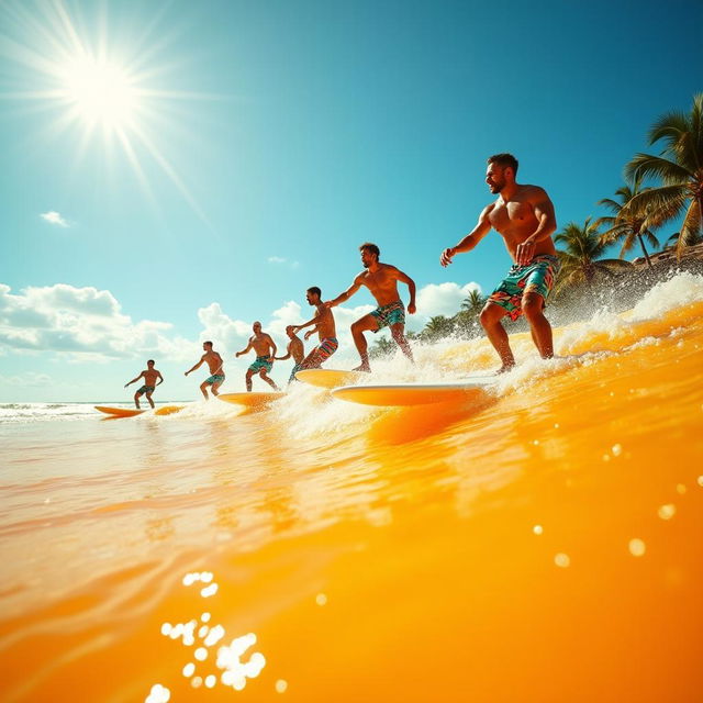 A whimsical scene of men surfing in a vast ocean of orange juice, with colorful surfwear, a bright sun, and a playful, surreal atmosphere