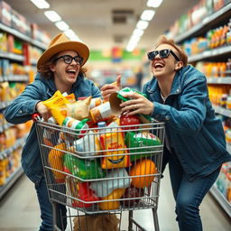 Two crazy friends are shopping for groceries